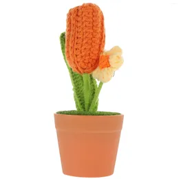 Decorative Flowers Tulip Flower Pot Knitting Crafts Mini Crochet Ornament Decorate Home Supplies Yarn