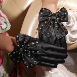 Motorcycle Women Rivets Bow Solid Colour Faux Leather Gloves Full Finger Mittens275r