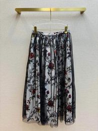 Skirts 2024 Fashion Pleated Womens High Waist Mesh Patchwork Floral Print Pattern Sweet Maxi Long Skirt