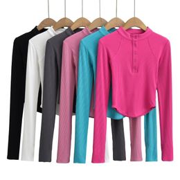 Autumn and winter stand up collar plush half open front long sleeved T-shirt with trendy thread slim fit and slimming bottom top