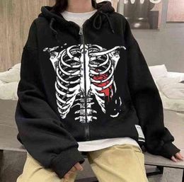 2022 New Stock Skeleton Plus Velvet Thickened Loose Couple Zipper Sweater Y2k Zip Up Hoodie Men Cheap Clothes Chandals Hombre Y2209085207