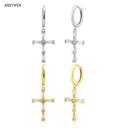 Andywen 925 Sterling Silver Gold Clear Zircon Cross Drop Earring France Luxury Crystal Trapezoidal Ashlar Clips Pendiente 2106246006382