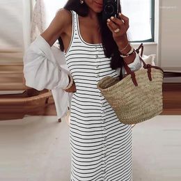 Casual Dresses Ladies Sexy Sleeveless Slim Long 2024 Square Neck Button Tank Dress Summer Fashion Stripe High Waisted