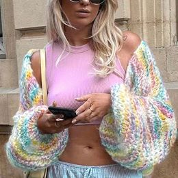 Elegant Rainbow Crochet Hollow Knitted Outerwear Fashion Ladies V-neck Long Sleeve Cardigan Autumn Streetwear Loose Coats 240228