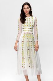 2024 Summer Mesh Embroidery Floral Print Women's Dress Crew Neck Zipper Long-Sleeve Woman's Casual Long Dresses AS069