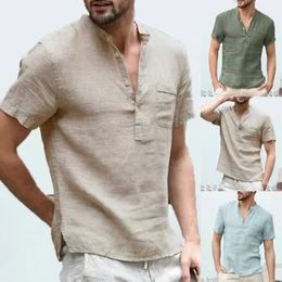 New Summer Mens Short sleeved T-shirt Cotton Linen Led Casual Mens T-shirt Breathable 240307