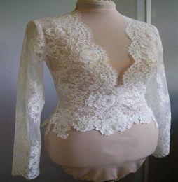 High Quality Ivory Lace Bridal Jacket With Long Sleeve VNeck Bolero Custom Made Wrap Bridal Accessories For Wedding Dress3790217