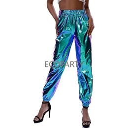 Capris Fenyong Womens Shiny Metallic Pants, Holographic Disco Sweatpant for 70s 80s Alien Space Cowgirl Halloween Costume Leisure