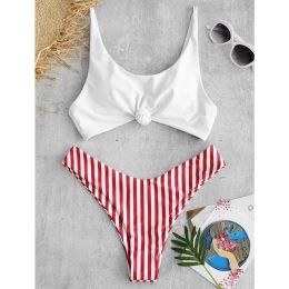 Set Sexy Striped Bikini Women Scoop Neck Front Tie Solid White Top Bra Two Piece Swimsuit Summer Beach Bathing Suit Thong Swimwear