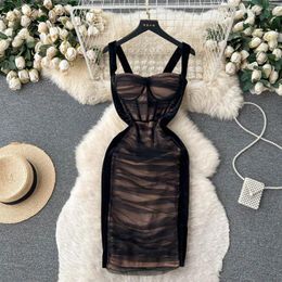 Casual Dresses Women Solid Backless Skinny Sexy Midi Dress Two Layer Mesh Zipper Spaghetti Strap Sleeveless Bodycon Clubwear