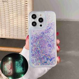 Cell Phone Pouches Glow Dark Luminous Glitter Neon Sand Phone Case Pro Pro Max Bling Sequins Quicksand Clear CoverH240307