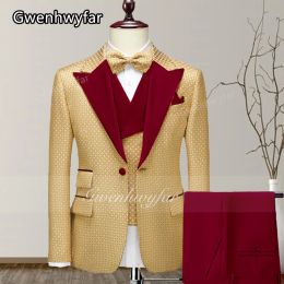 Suits Gwenhwyfar 2022 New Yellow Pattern Men Party Tuxedos Suits 3 Pieces Latest Lapel Men Suits Buttons Fashion Style Suits