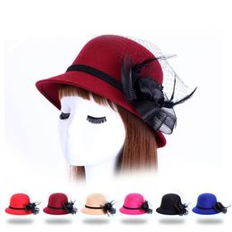 New Spring Winter Gauze Noble Temperament Women Wool Top Hats Fashion Ribbon Flower Ladies Bucket Hat Female Stingy Brim Hats Dome243E