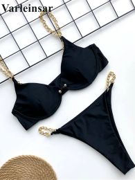 Set Sexy High Cut Golden Chain Bikini Women Swimwear Female Swimsuit Twopieces Bikini set Underwired Bather Bathing Suit Swim V1646