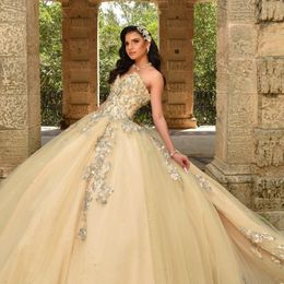 Light Champagne Shiny Sweetheart 16 Year Old Quinceanera Dresses Appliques Lace Tull Beads Tulle Formal Dress vestidos de 15