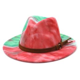 2021 Tie Dye Wool Felt Jazz Fedora Hats for Women Lady Men Party Hat Wide Brim Panama Church Sombrero Cap Brown Belt Docor206M