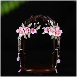 Hair Accessories Girls Chinese Side Clips Pink Flowers Hairpin Fringed For Gown Dress Cosplay Party Banquet Ly