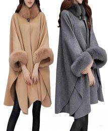 Modest Autumn Winter Faux Fur Collar Cape Shawl Long Sleeves Women Poncho Cape Coat Gray Beige Warm Woolen Jackets In Stock9764109