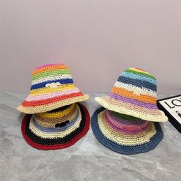 Trendy Designer Travel Straw Hat Colorful Bucket Hats Fashion Summer Beach Holiday Straw Hat Grass Braid Classic Flat Bucket Hats Sunhat