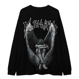 Men's Hoodies Sweatshirts European and high street angel wings printed long sleeved t-shirt for men and women in autumn and winter loose and versatile dark fashion