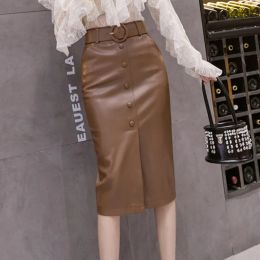 Pullovers Haruku Pu Leather Pencil Skirts Women High Waist Singlebreasted Midi Skirts with Belt Black Khaki Skirt Jupe Femme