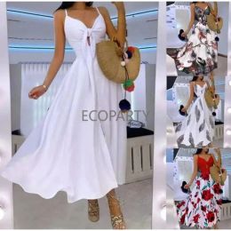 Dress 2023 New Women Summer Dress Solid Color Spaghetti Strap VNeck Backless Tied Braces Bow Dress Casual Long Dress for Girls White