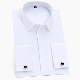 Mens Classic French Cuffs Solid Dress Shirt Fly Front Placket Formal Business Standard-fit Long Sleeve Office Work White Shirts 240306