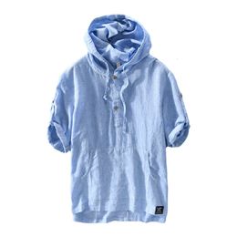 New Summer Japanese Stripe Fresh Hooded T-shirt Cotton Hemp Casual Men's Shirt Factory One Piece Shipping 766
