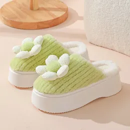 Slippers 5.5cm High Heels Platform Women Girls Sweet Bowknot House Shoes Fluffy Female Winter Home Mule Flip Flops