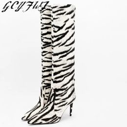 Dresses Tiger Print Women Boots 9cm High Heels Pointed Toe Big Size 46 Party Shoes Stain Dress Shoes Stiletto Slipon Knee High Boots