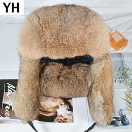 Handmade Men Winter Real Rabbit Fur Bomber Hat Outdoor Super Warm 100% Natural Rabbit Fur Hats Full Pelt Genuine Rabbit Fur Cap T22745