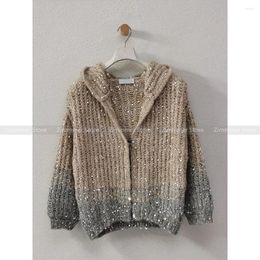 Women's Knits High Quality! French Retro Lazy Wind Design Sequins Gradient Colour Soft Mohair Hooded Jumper Coat Autumn And Winter !