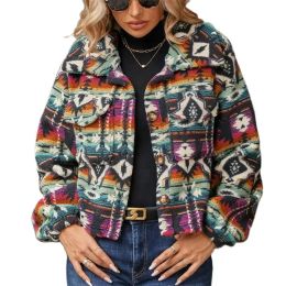 Jackets Indie Folk Print Women Doublesided Fleece Plush Coat Short Jacket Pile Loose Tops Velvet Female Streetwear Fluff Coats Autumn