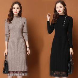 Dress Lace Hem Buttons Women Autumn Winter Sweater Knitted a line Dresses Ribbed Slim Elastic Long Sleeve Lady Bodycon Midi Dresses