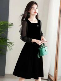 Dress Summer Black Dress 2023 Fashion Elegant Women Spliced Slim Square Neck Three Quarter Sleeves ALine Knee Length Oversized 4XL