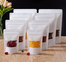 100pcs Thick Stand up White Paper Window Zip Lock Bags Resealable Biscuits Coffee Powder Snack Candy Dried Fruits Nuts Tea Cereals9424094