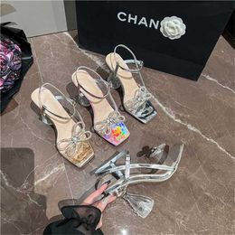 Top Summer Diamond Bow Square Head Buckle High Heel Crystal Sandals Platform Wedges For Women Stiletto Sandles Heels 240228