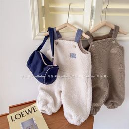 1-6Yrs Kids Boys Soft Warm Lamb Fleece Strap Pants Cute Pockets Children Jumpsuit Winter Baby Toddler Girls Thicken Overalls 240226