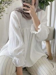 Tops ZANZEA Fashion Ruffles Muslim Blouse Woman Puff Sleeve ONeck Tunic Tops Elegant Holiday Shirt Female Casual Islamic Clothing