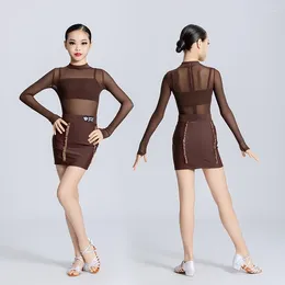 Stage Wear Brown Mesh Latin Dance Dress Girls Rumba Samba Dancing Practice Cha Performance Outfit Bodysuit Skirt VDB7784