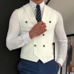 Vests 2024 White Slim Fit Men Vest With Double Breasted 1 Piece Custom Male Suit Waistcoat Peaked Lapel Wedding Groomsmen Waist Coat