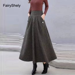 Dresses 2023 Autumn Winter High Waist Tweed Skirt for Women Woollen Warm Pleated Long Skirt Vintage A Line Stripe Skirt with Pocket