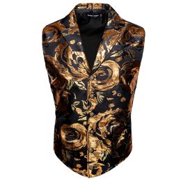 Vests Gold Floral Men Suit Vest Lapel V Neck Silk Waistcoat Jacquard Weave Casual Formal Groomsman Jacket For Men Wedding Barry.Wang