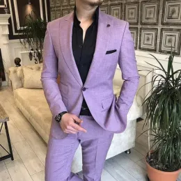 Suits Trendy Lavender 2 Pieces Suit For Men Latest Design One Button Peak Lapel Suit Wedding Groom Engagement Blazer Pant Set