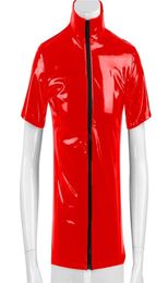 Men039s TShirts Mens Sexy Glossy PVC Leather shortsleeved Shirt Erotic Shaping Latex Casual Coat Male Shiny Metallic Patent L1830066