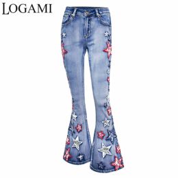 Jeans LOGAMI Star Embroidery Jeans for Women Patch Designs Flare Denim Pants Woman Bell Bottom Jeans