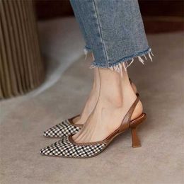 Sell 5cm High Heel Toe Sandals Womens Plaid Back Strap Side Air Pointed Shoes Single Shoes For Summer Sandal Women Stiletto Flip Flop Sandles Heels 240228