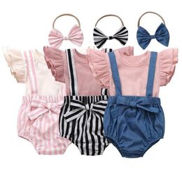 Baby Girls Clothes Kids Solid T Shirt Suspender Shorts Bowknot Headband Clothing Sets Summer Fly Sleeve Top Striped Hairband Suit 8682067