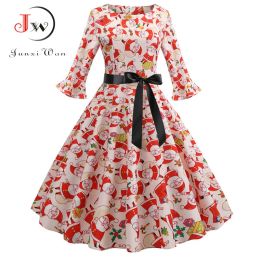 Dress Print Vintage Christmas Women Petal Sleeve Elegant Party Clothes Ladies Casual Winter Midi Dress