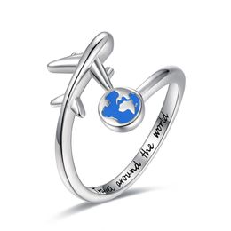 925-Sterling-Silver Adjustable Open Airplane Rings Engraved Travel Around the WordEngagement Ring Gifts for Women Teen Girls 240306